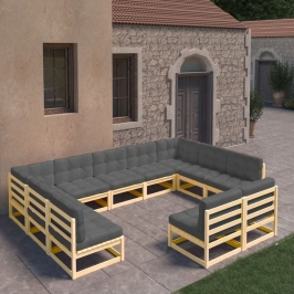 Juego de muebles de jardín 11 pzas y cojines madera maciza pino
