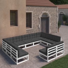 Set de muebles de jardín 11 pzas con cojines madera pino blanco