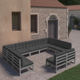 Set de muebles de jardín 11 pzas con cojines madera pino gris