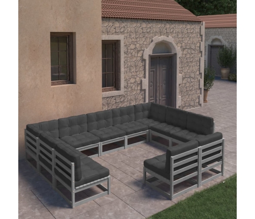 Set de muebles de jardín 11 pzas con cojines madera pino gris