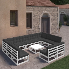Set de muebles de jardín 12 pzas con cojines madera pino blanco