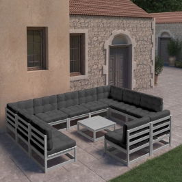 Set de muebles de jardín 12 pzas con cojines madera pino gris