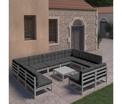 Set de muebles de jardín 12 pzas con cojines madera pino gris