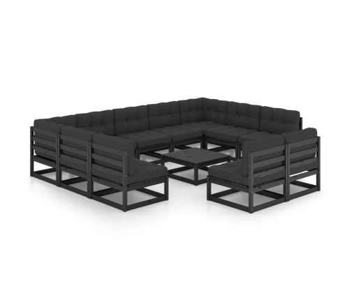 Set de muebles de jardín 12 pzas con cojines madera pino negro