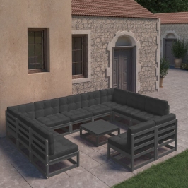 Set de muebles de jardín 12 pzas con cojines madera pino negro