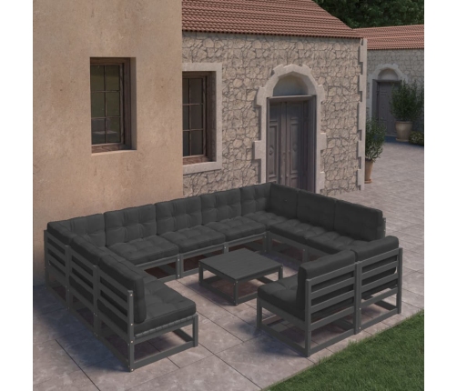 Set de muebles de jardín 12 pzas con cojines madera pino negro