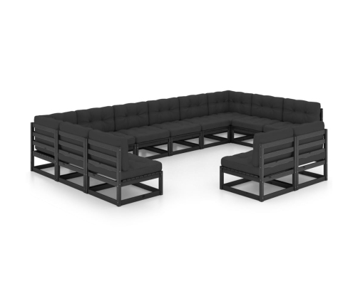 Set de muebles de jardín 12 pzas con cojines madera pino negro
