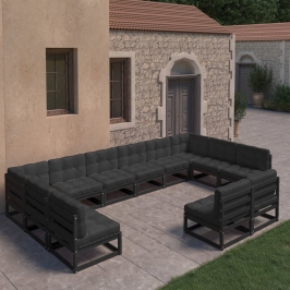 Set de muebles de jardín 12 pzas con cojines madera pino negro