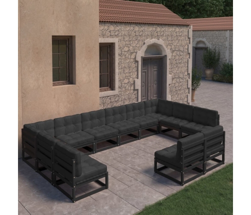Set de muebles de jardín 12 pzas con cojines madera pino negro