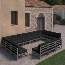 Set de muebles de jardín 13 pzas con cojines madera pino gris