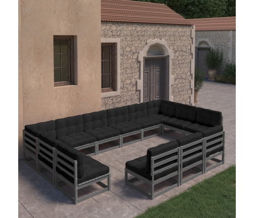 Set de muebles de jardín 13 pzas con cojines madera pino gris