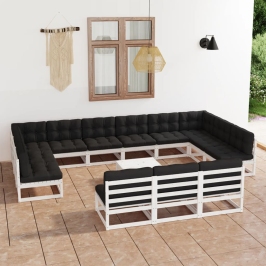 Set de muebles de jardín 14 pzas con cojines madera pino blanco