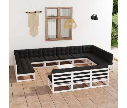 Set de muebles de jardín 14 pzas con cojines madera pino blanco