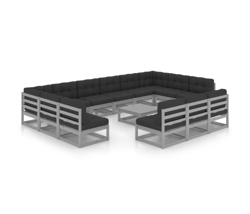 Set de muebles de jardín 14 pzas con cojines madera pino gris