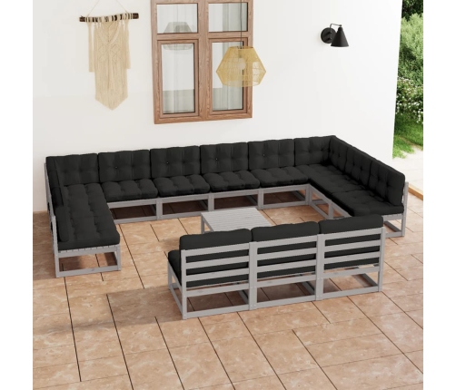 Set de muebles de jardín 14 pzas con cojines madera pino gris