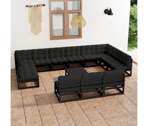 Set de muebles de jardín 14 pzas con cojines madera pino negro