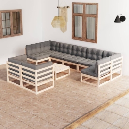 Juego de muebles de jardín 10 pzas y cojines madera maciza pino