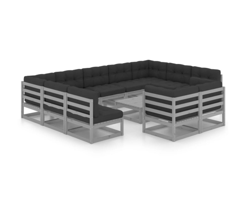 Set de muebles de jardín 12 pzas con cojines madera pino gris