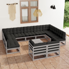 Set de muebles de jardín 12 pzas con cojines madera pino gris