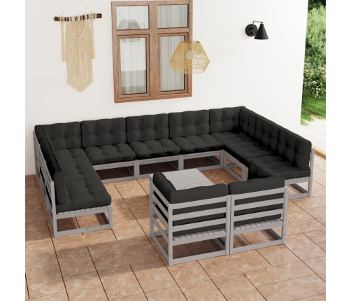 Set de muebles de jardín 12 pzas con cojines madera pino gris