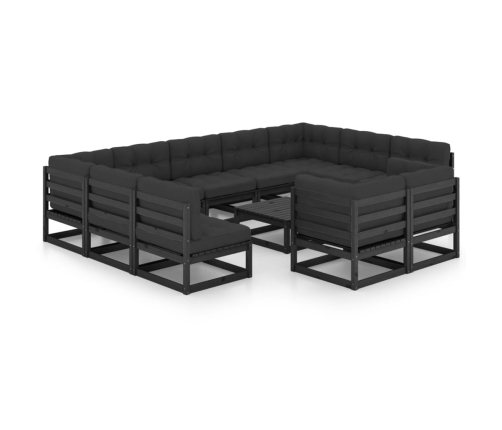 Set de muebles de jardín 12 pzas con cojines madera pino negro
