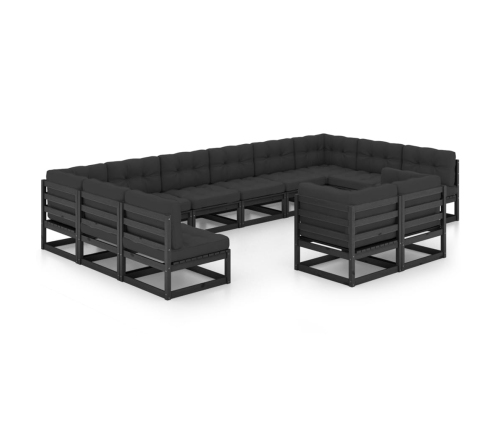 Set de muebles de jardín 12 pzas con cojines madera pino negro
