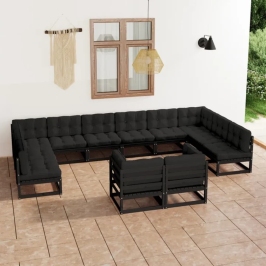 Set de muebles de jardín 12 pzas con cojines madera pino negro