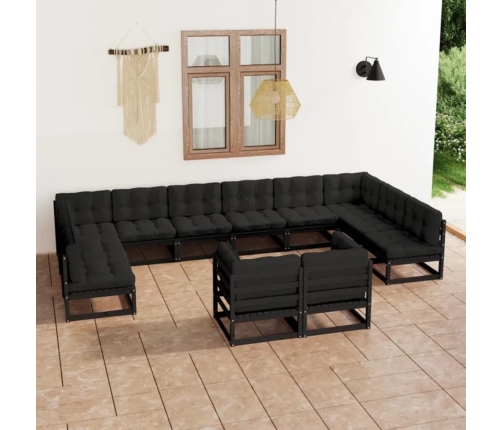 Set de muebles de jardín 12 pzas con cojines madera pino negro
