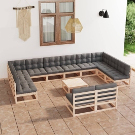 Juego de muebles de jardín 13 pzas y cojines madera maciza pino