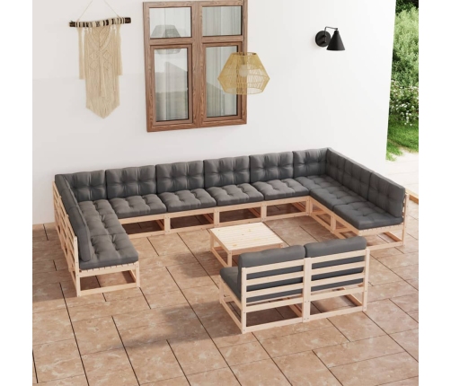 Juego de muebles de jardín 13 pzas y cojines madera maciza pino