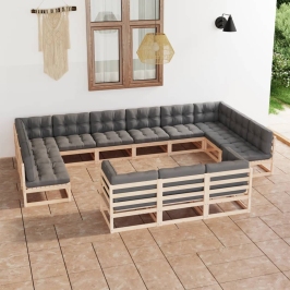Juego de muebles de jardín 13 pzas y cojines madera maciza pino