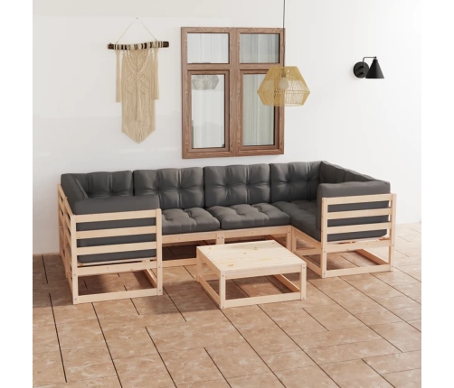 Juego de muebles de jardín 7 pzas y cojines madera maciza pino