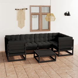 Set de muebles de jardín 7 pzas con cojines madera pino negro