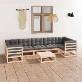 Muebles de jardín 8 pzas y cojines madera maciza pino