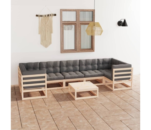 Muebles de jardín 8 pzas y cojines madera maciza pino