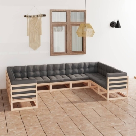 Juego de muebles de jardín 9 pzas y cojines madera maciza pino