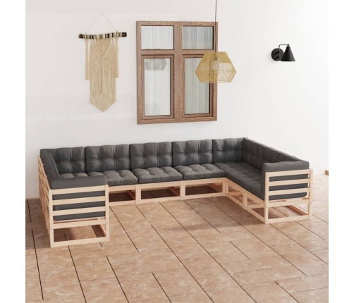 Juego de muebles de jardín 9 pzas y cojines madera maciza pino