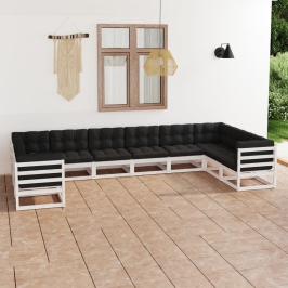 Set de muebles de jardín 10 pzas con cojines madera pino blanco