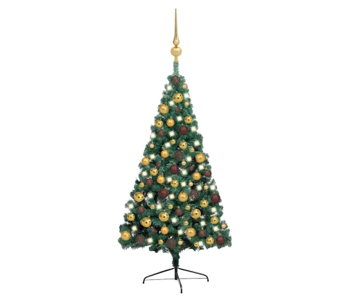 Medio árbol de Navidad con luces y bolas verde 150 cm