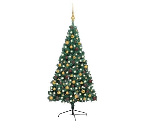 Medio árbol de Navidad con luces y bolas verde 210 cm