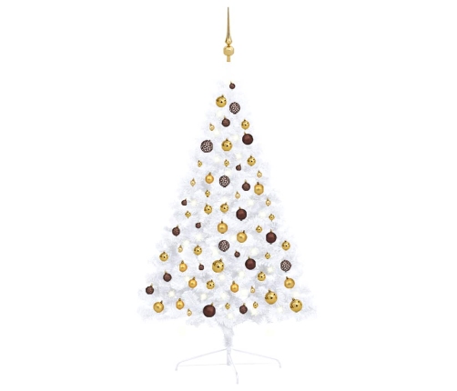 Medio árbol de Navidad con luces y bolas blanco 120 cm