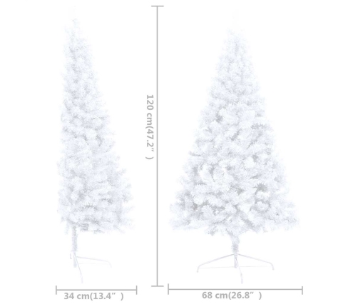 Medio árbol de Navidad con luces y bolas blanco 120 cm