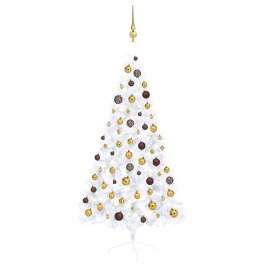 Medio árbol de Navidad con luces y bolas blanco 150 cm