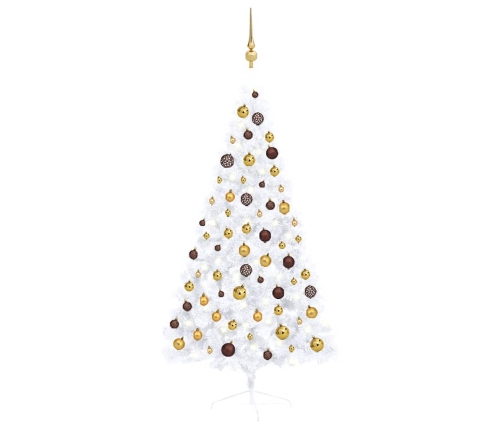 Medio árbol de Navidad con luces y bolas blanco 150 cm