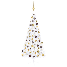 Medio árbol de Navidad con luces y bolas blanco 180 cm