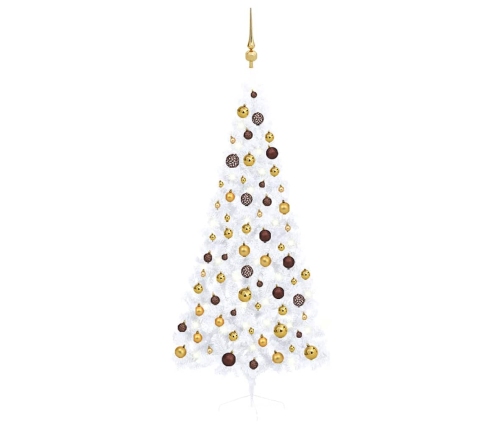 Medio árbol de Navidad con luces y bolas blanco 180 cm