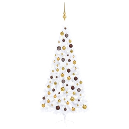 Medio árbol de Navidad con luces y bolas blanco 120 cm