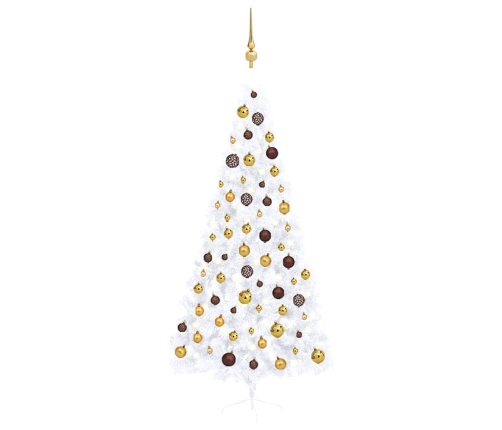 Medio árbol de Navidad con luces y bolas blanco 120 cm