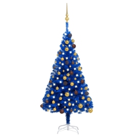 Árbol de Navidad preiluminado con luces y bolas azul 120 cm