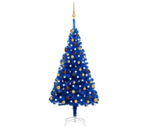 Árbol de Navidad preiluminado con luces y bolas azul 150 cm